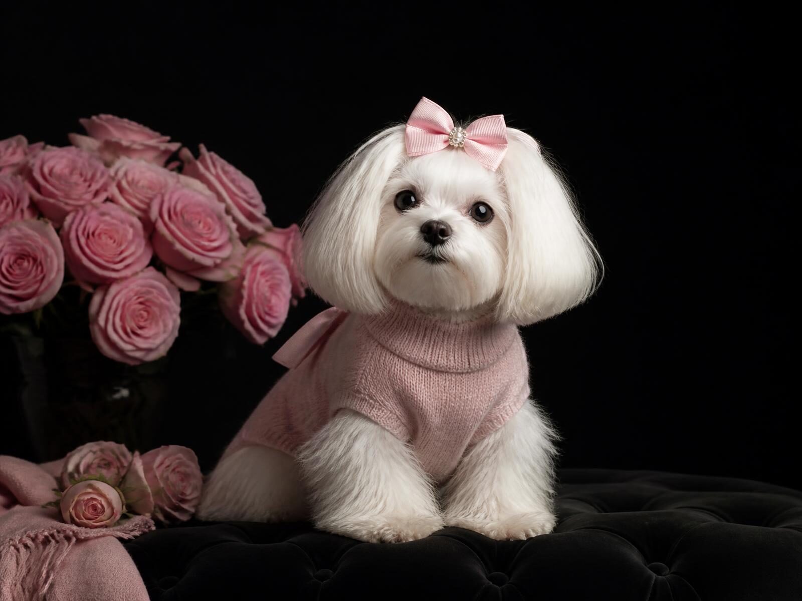 Cagnolina con maglioncino rosa nella boutique La Maison Pet Très Jolie a Torino