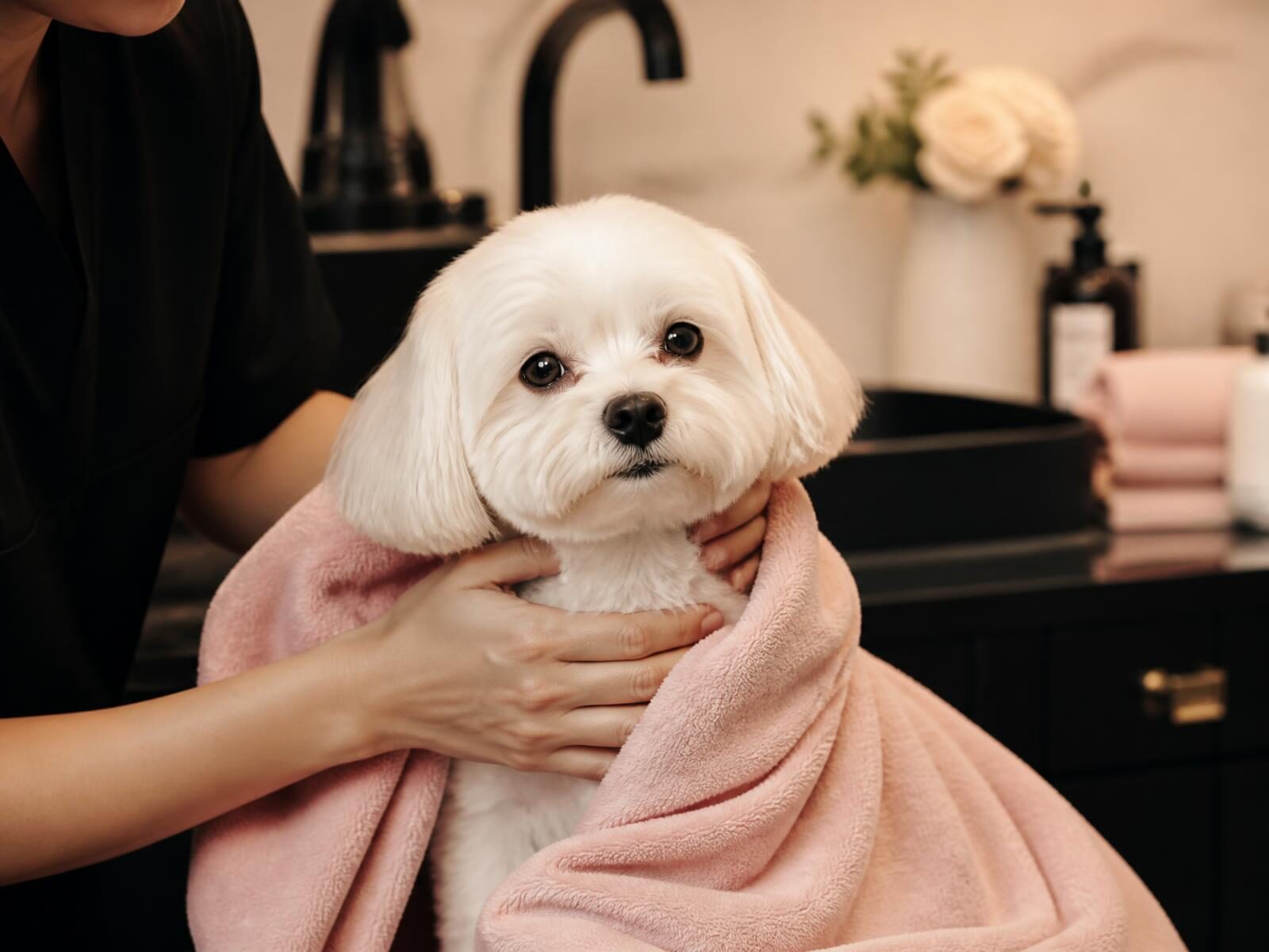Cane appena toelettato avvolto in un asciugamano rosa nel pet spa